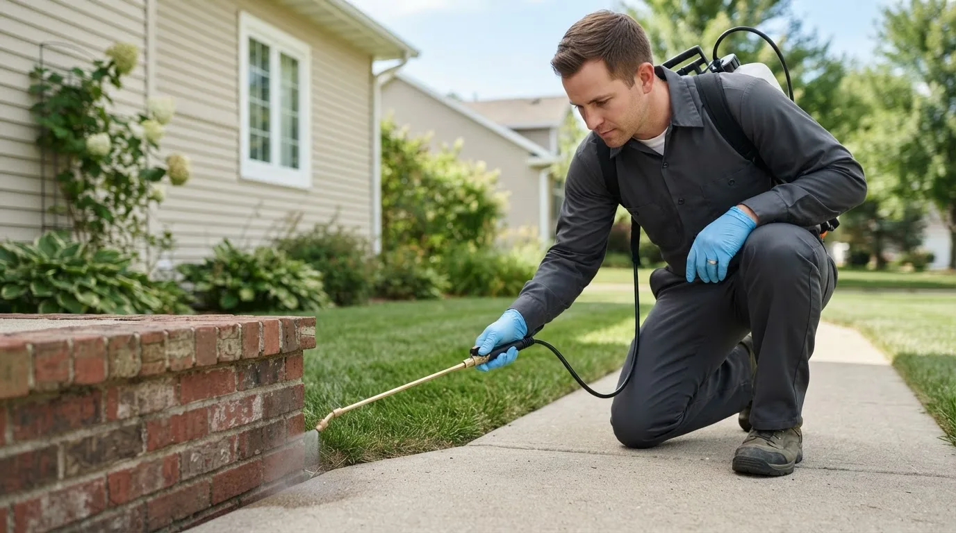 Pest control technician treating a home near Harwood, MO