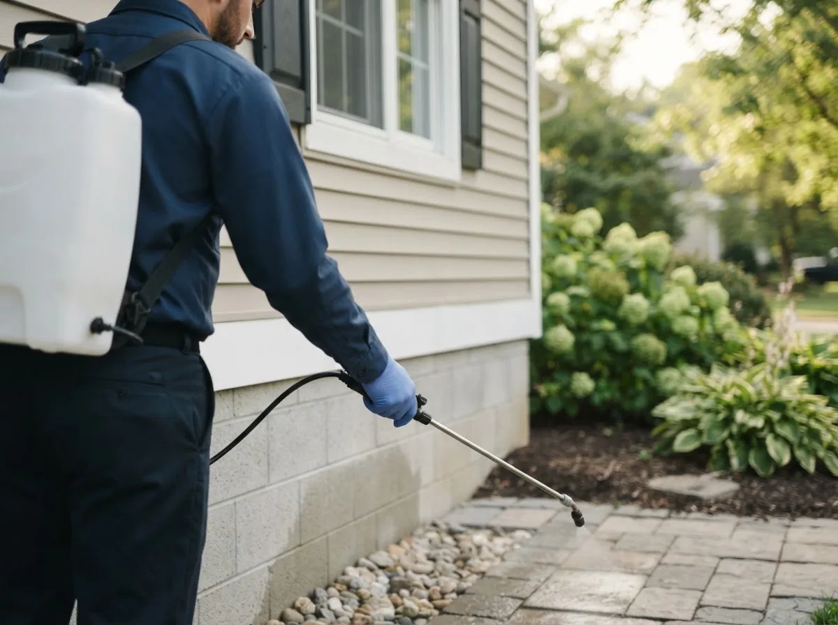 Pest control technician inspecting a home in Harwood, MO